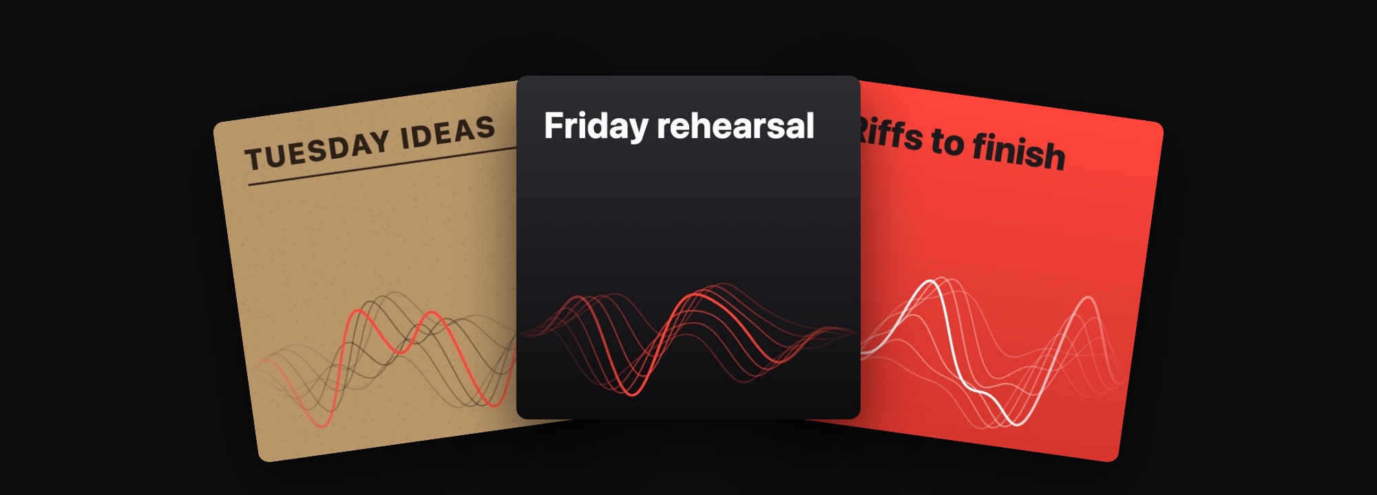 Three playlist covers fanned out: Tuesday ideas on kraft paper, Friday rehearsal in dark grey, and Riffs to finish in red, each with the app's red strands.