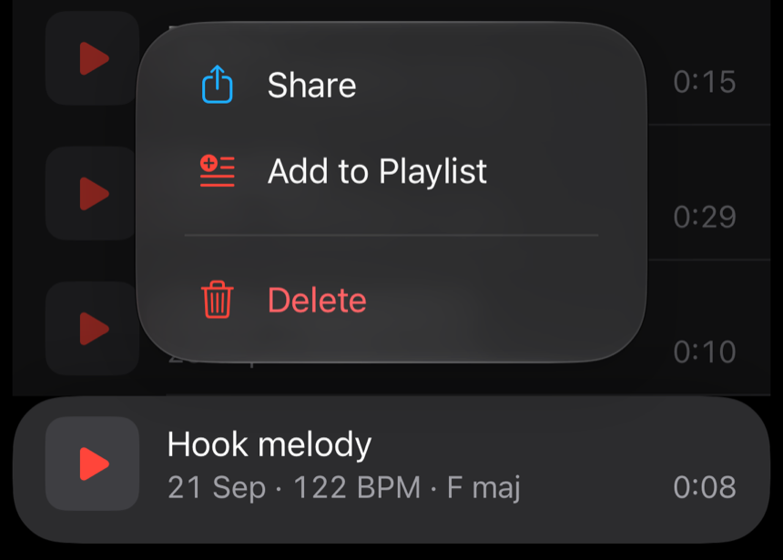 A held row, Hook melody, with a menu above it: Share, Add to Playlist and Delete.