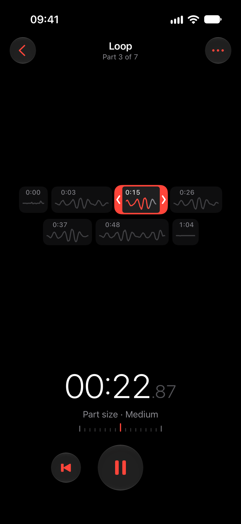 Loop: seven pills, one per part of the take. Part 3 sits inside a red frame and is playing, its strand red as far as the playhead.