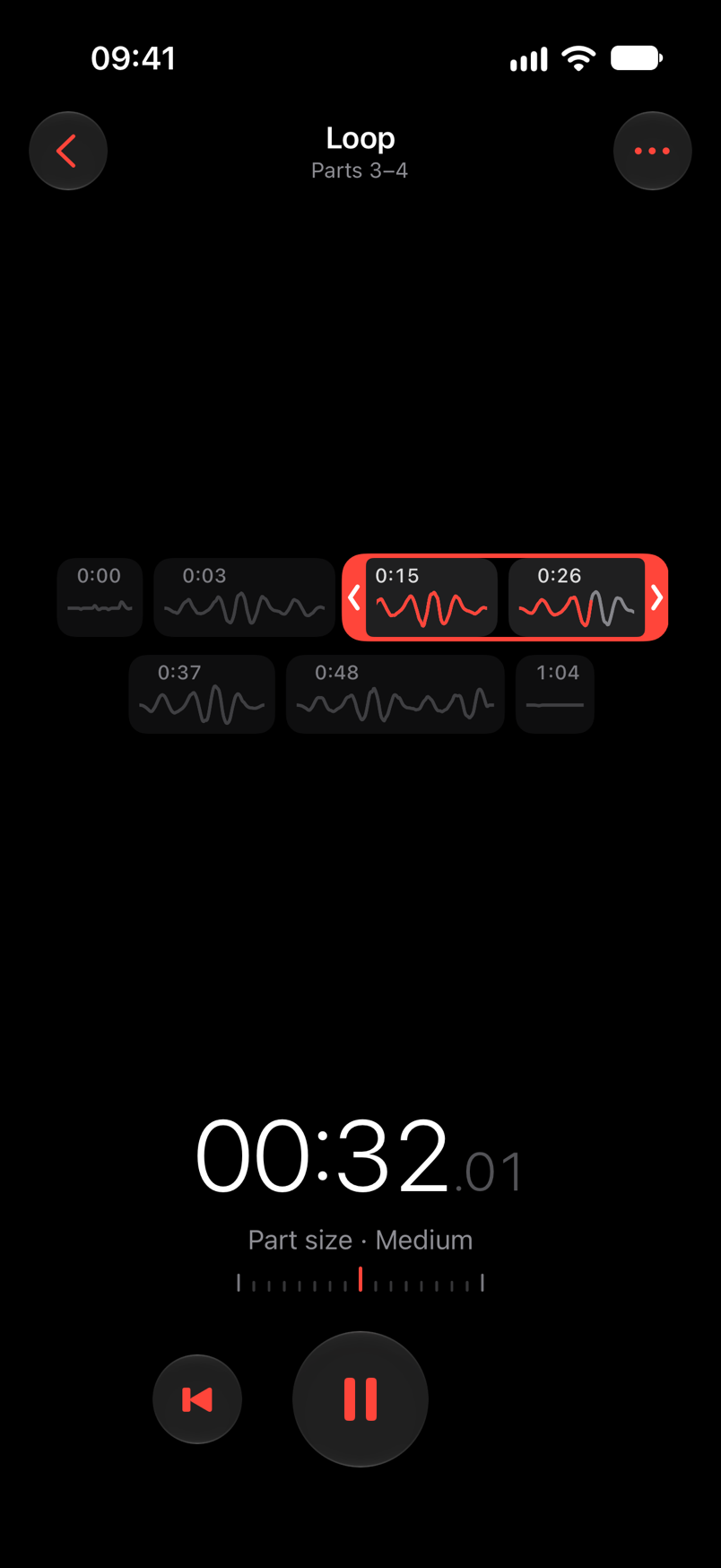 The Loop editor repeating parts 3 to 4 of a demo, the played strand drawn in red.