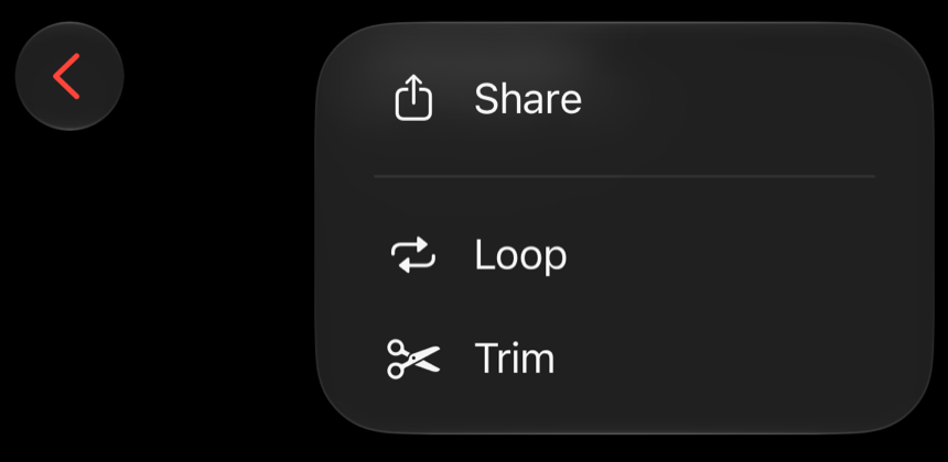 The Take screen's menu: Share, then Loop and Trim.