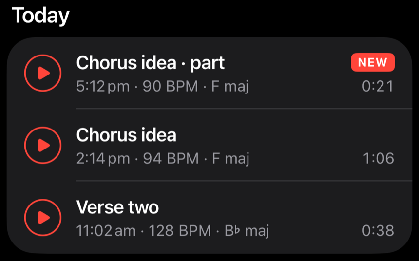 The Demos list with a red NEW badge on the row Chorus idea · part.