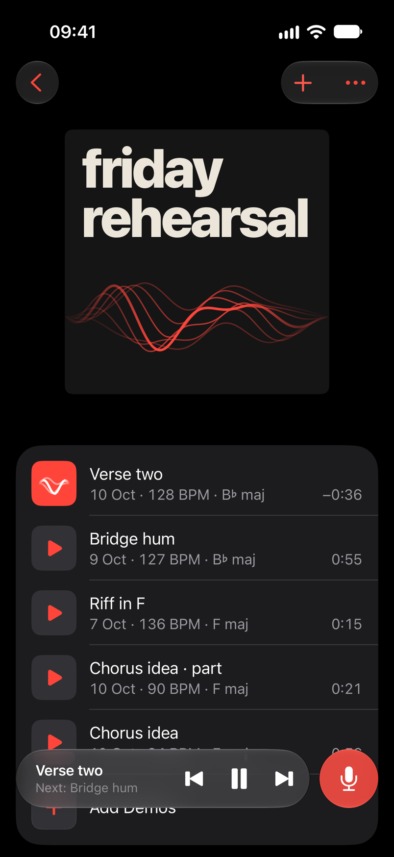 A playlist called Friday rehearsal, its cover drawn from red strands, playing through its demos in order. The bar reads Verse two, Next: Bridge hum.
