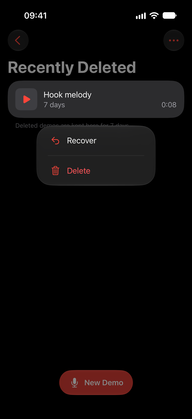 Recently Deleted with one demo, Hook melody, 7 days left, and a menu holding Recover and Delete.