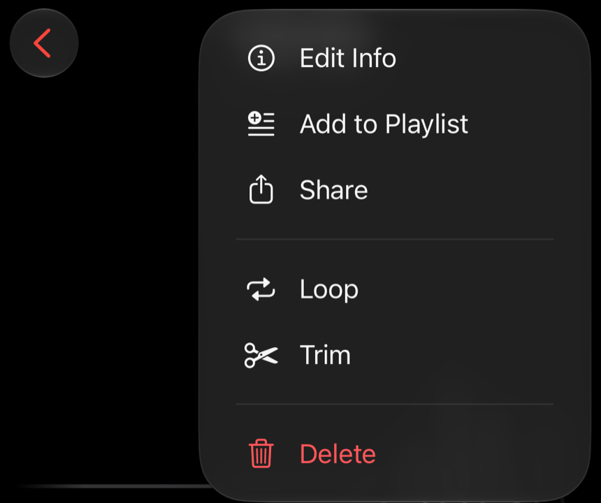 The Take screen's menu: Edit Info, Add to Playlist and Share, then Loop and Trim, then Delete in red.